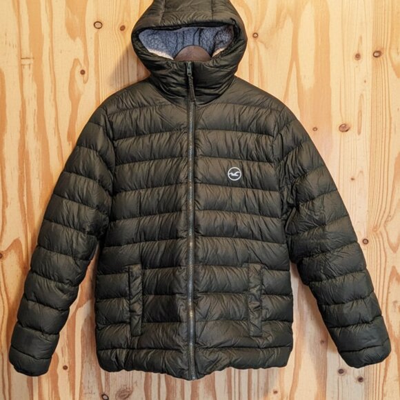 HOLLISTER Mens Olive Green Puffer Jacket Sherpa Lined Hood Coat Warm Winter (L) - Picture 2 of 12